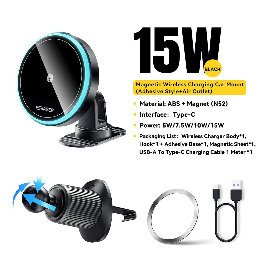 Magnetic Car Phone Holder 15W Wireless Charger Stand For iPhone 15 14 13 Pro Max Car - LED Light