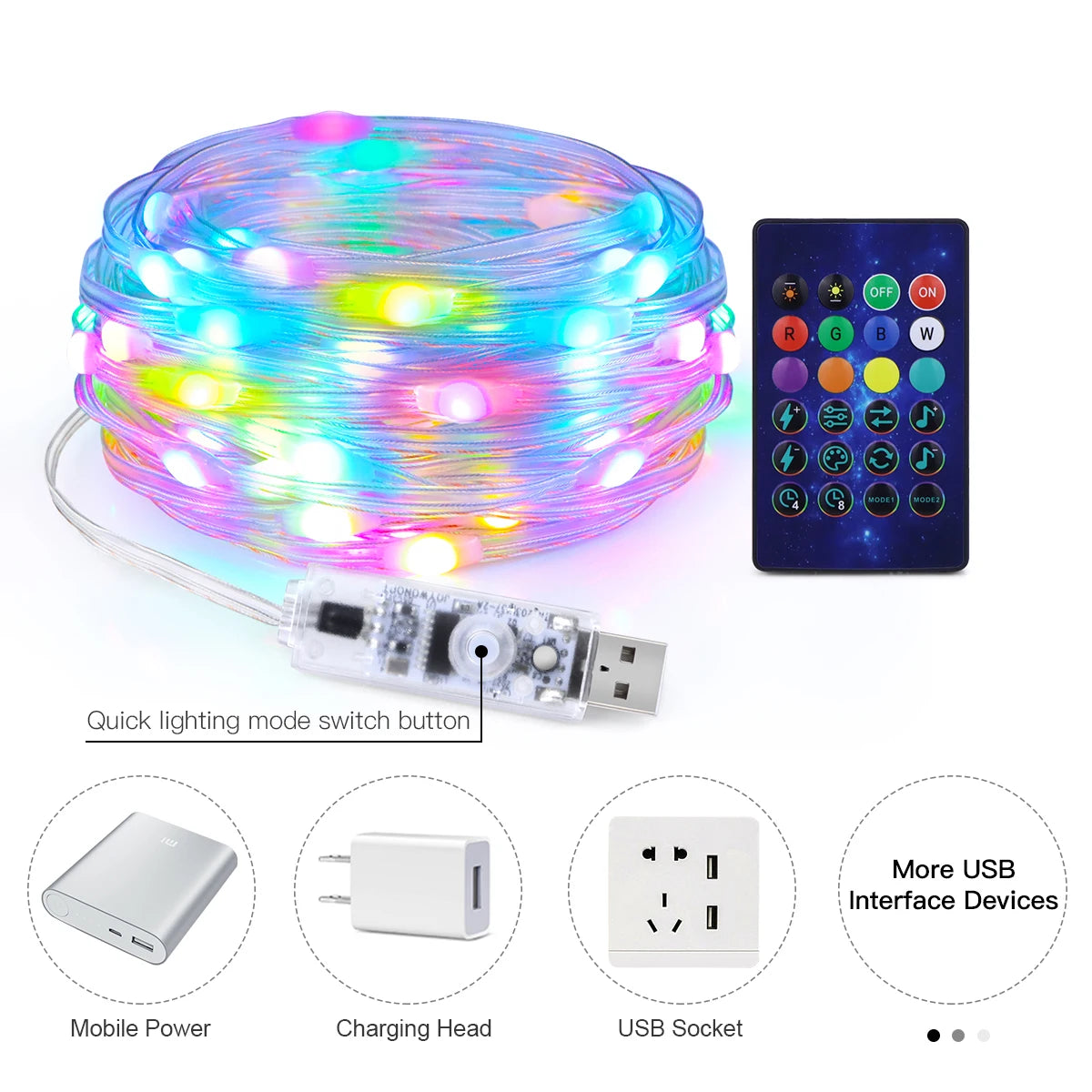 Guirlande lumineuse LED USB 5 V de 20 m avec Bluetooth et application musicale RGBIC