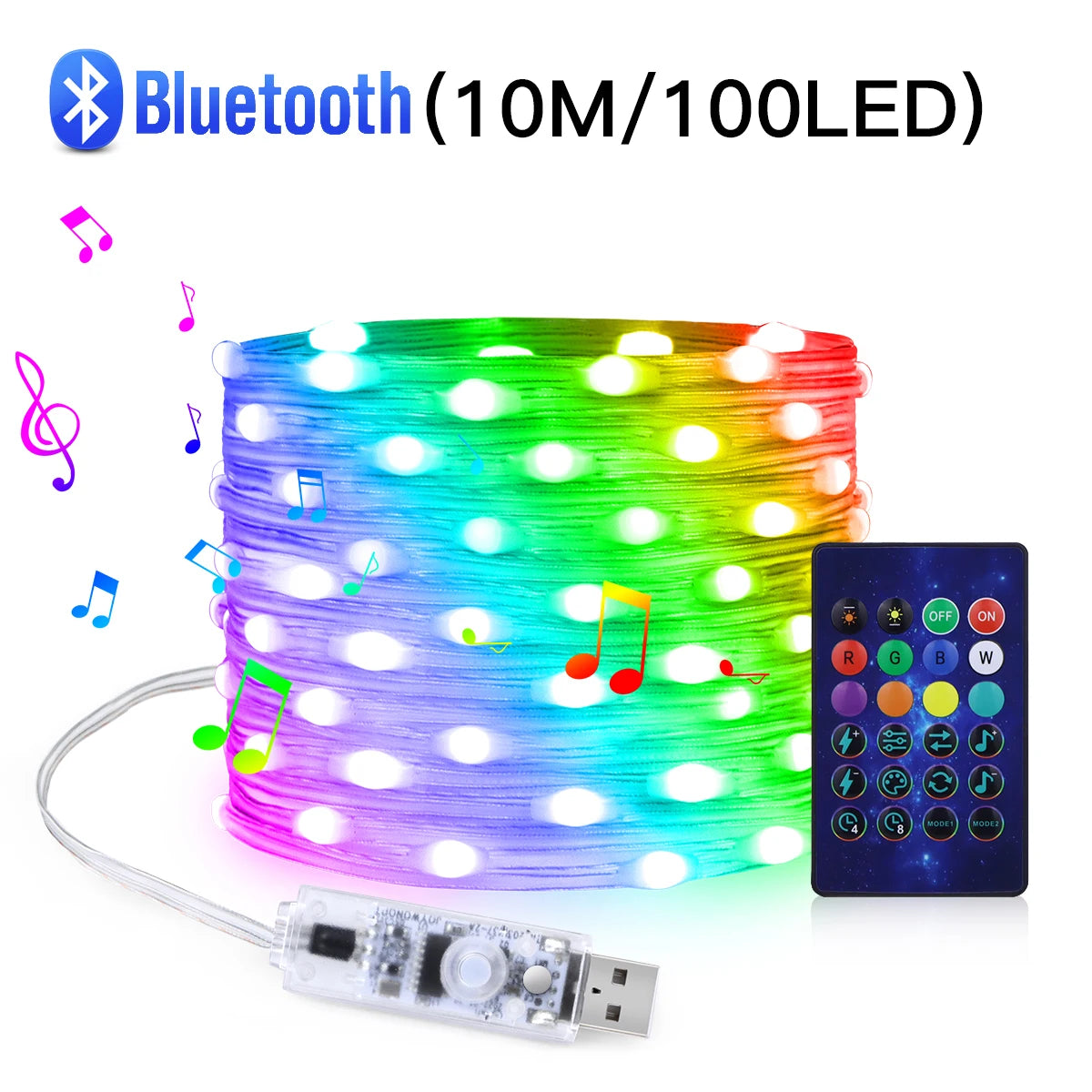 Guirlande lumineuse LED USB 5 V de 20 m avec Bluetooth et application musicale RGBIC