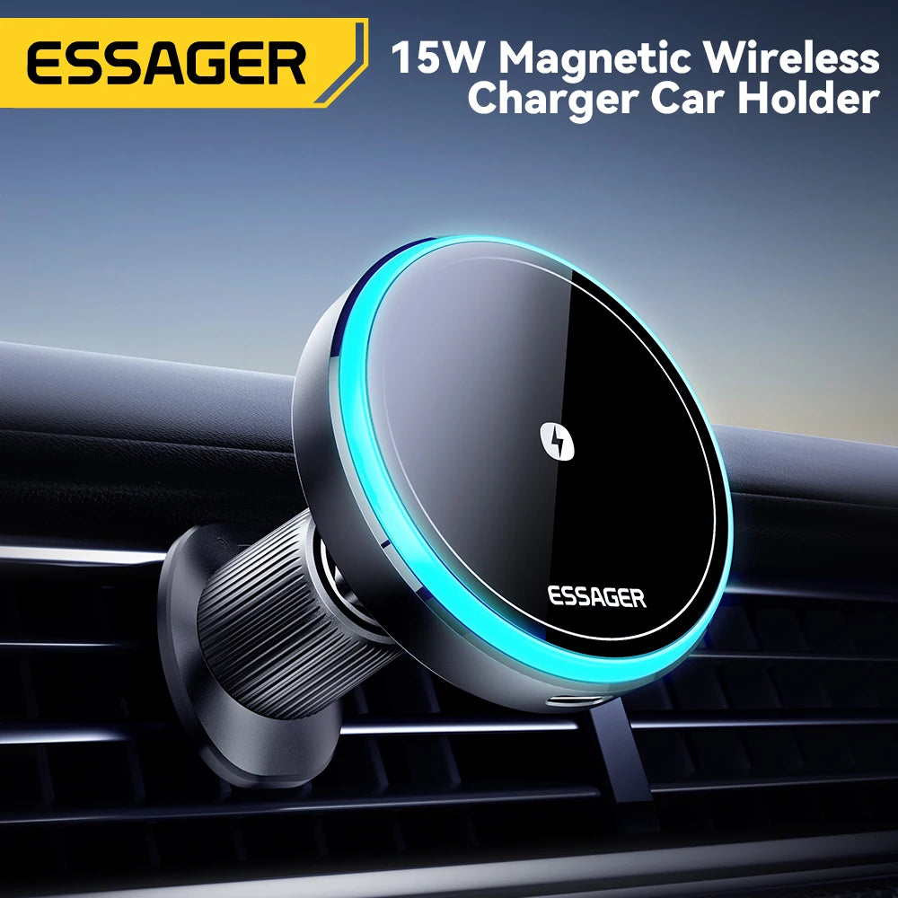 Magnetic Car Phone Holder 15W Wireless Charger Stand For iPhone 15 14 13 Pro Max Car - LED Light