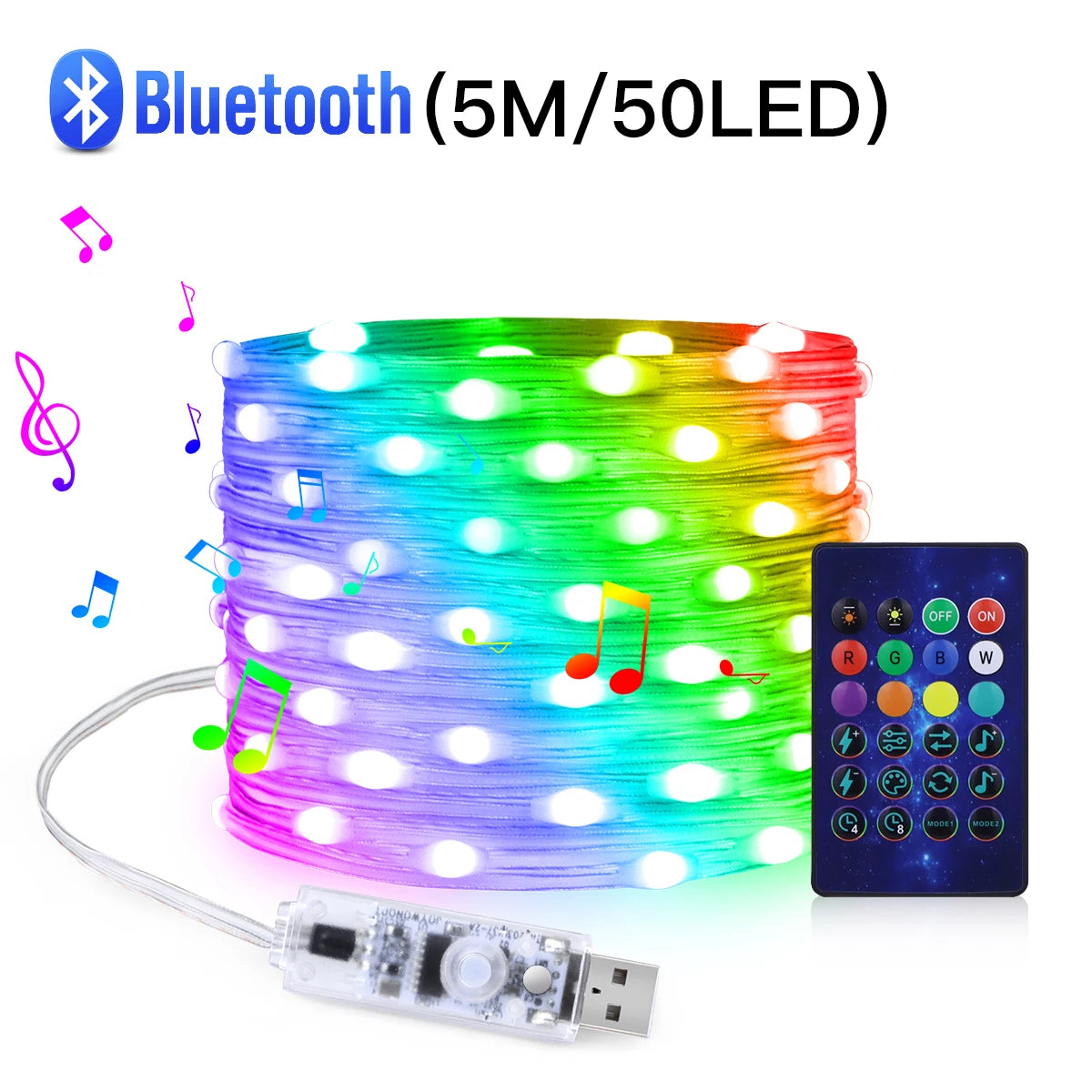 Guirlande lumineuse LED USB 5 V de 20 m avec Bluetooth et application musicale RGBIC