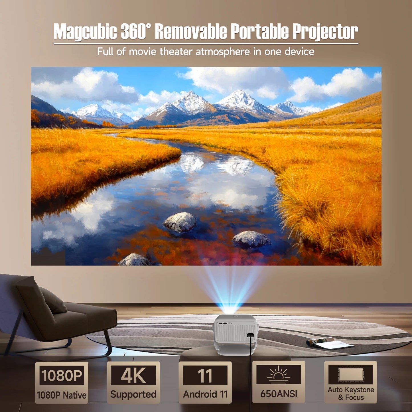 Projecteur Magcubic 1080P Android 11 Auto Focus & Keystone 4K Home Cinéma