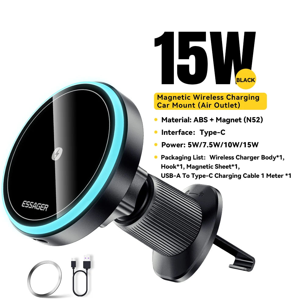 Magnetic Car Phone Holder 15W Wireless Charger Stand For iPhone 15 14 13 Pro Max Car - LED Light