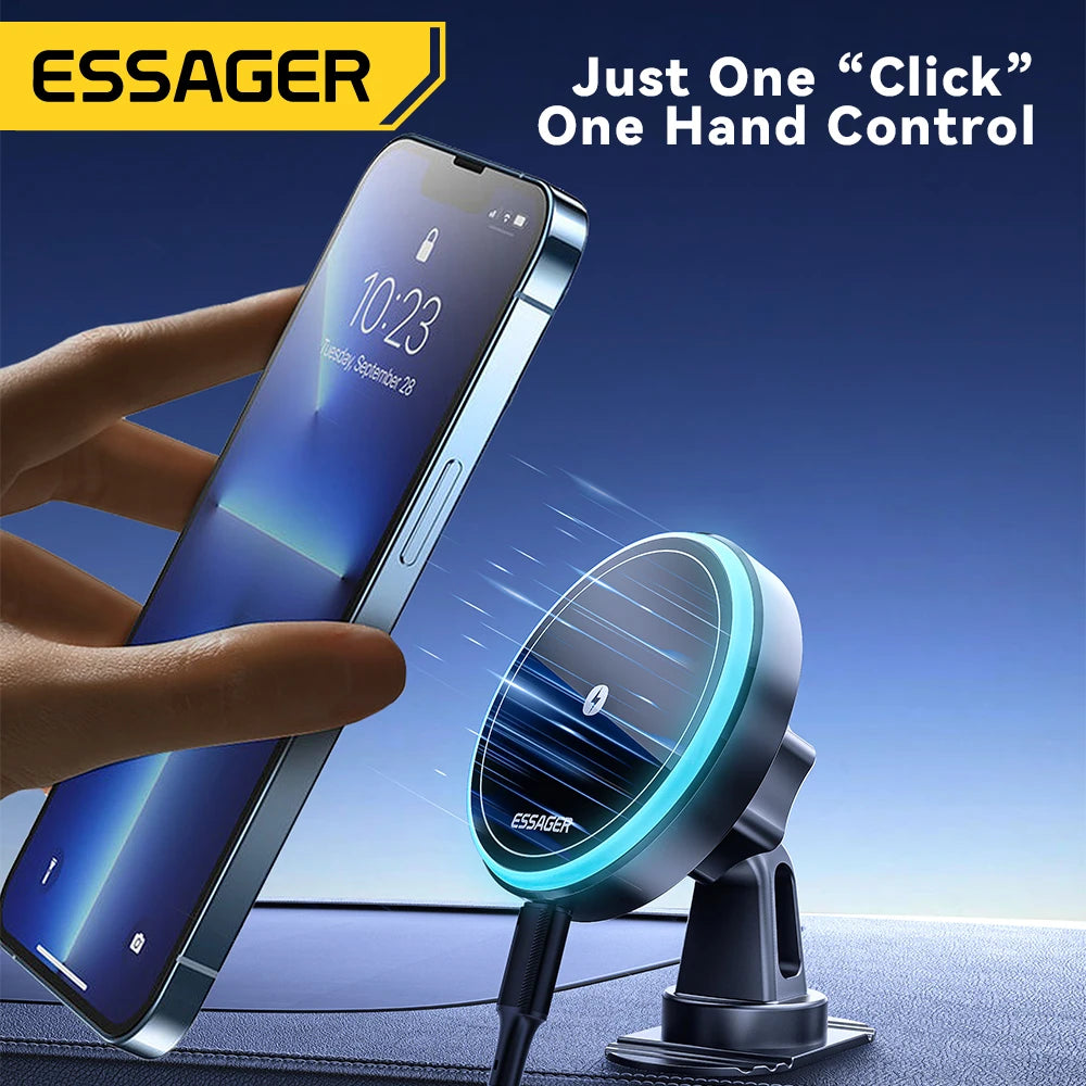 Magnetic Car Phone Holder 15W Wireless Charger Stand For iPhone 15 14 13 Pro Max Car - LED Light